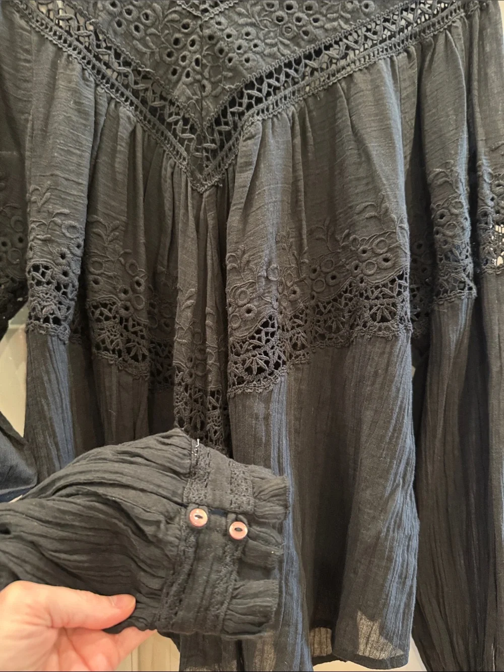 Black Lace Yoke Long-Sleeve Blouse - Women